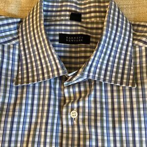 Barneys New York Mens Long Sleeve Fine Cotton Blue/Gray Checked Dress Shirt. XL